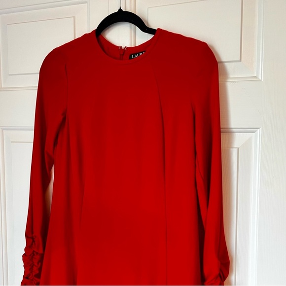 Lauren Ralph Lauren Fit & Flare Dress Red Long Sleeve Ruched Sleeve Size 4 - Picture 6 of 8